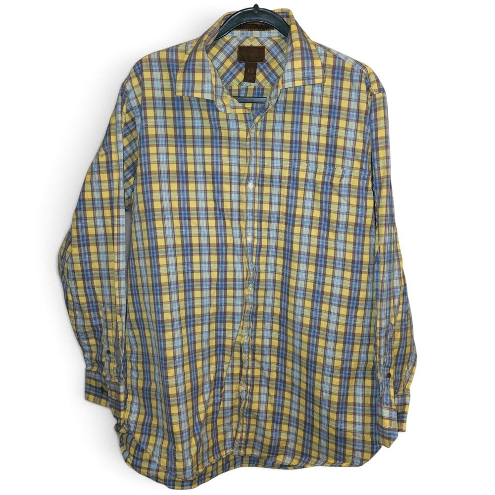 Born Button Down Shirt Mens Large Yellow Blue Good Plaid Long Sleeve Cotton